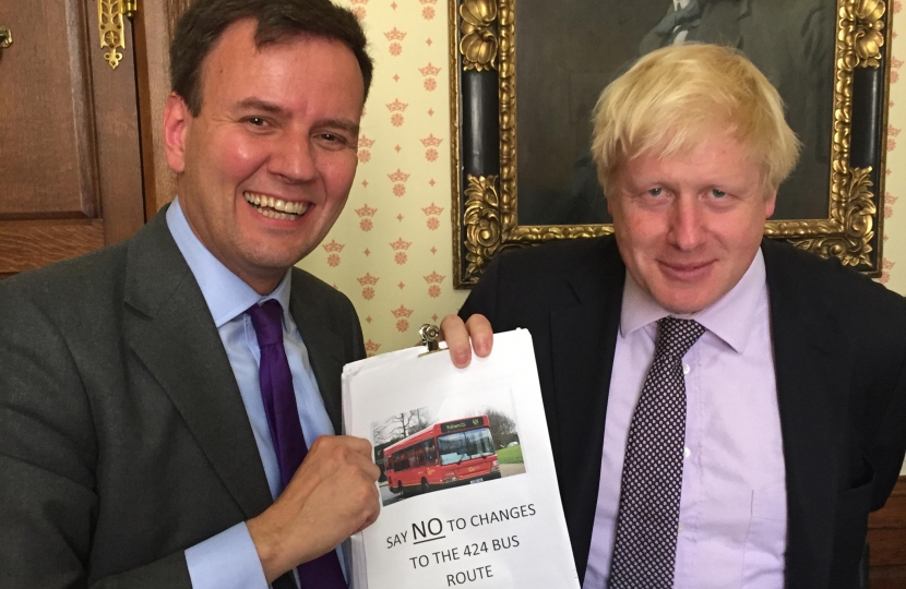 Greg Hands and Boris Johnson with the 424 bus petition
