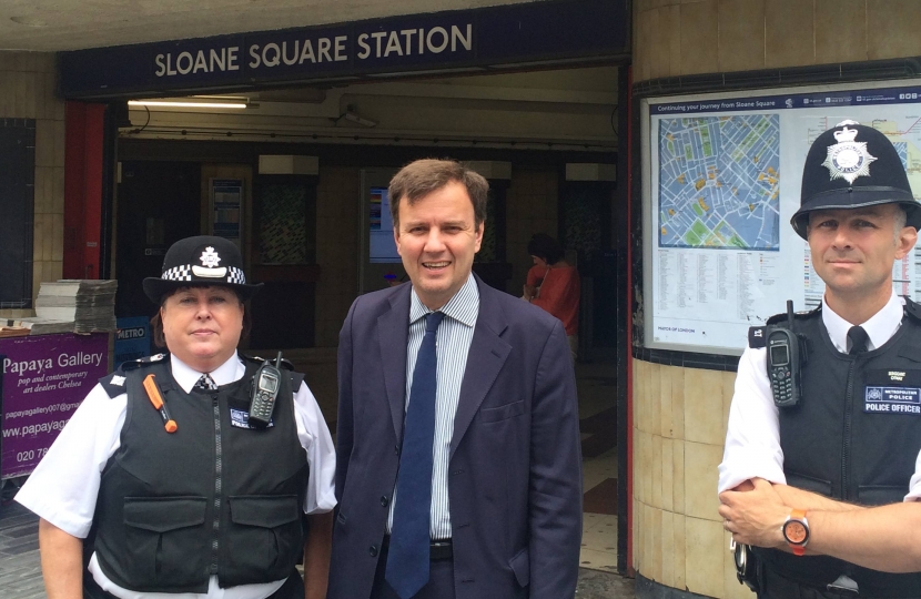 Greg Hands MP at Sloane Square tube station with RBKC Borough Commander Ellie O'