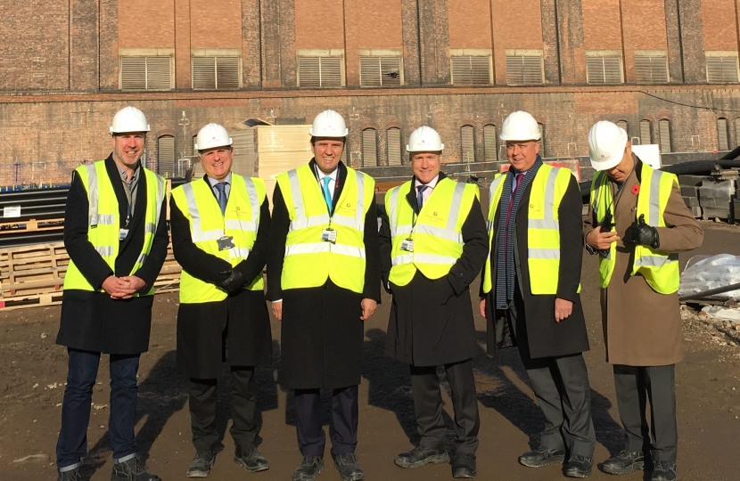 Greg Hands MP touring the site at the Chelsea Riverside development, better known as the Lots Road power station.