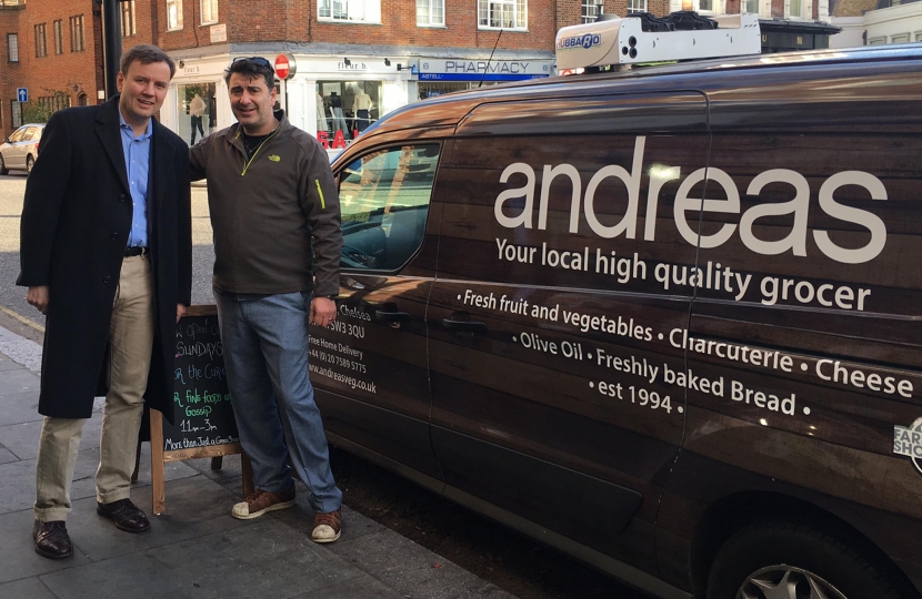 Greg Hands visiting small and successful businesses on Chelsea Green as part of Small Business Saturday.