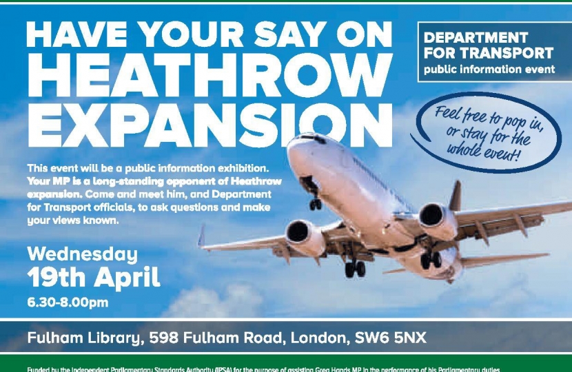 Greg Hands Announces Heathrow Expansion Consultation Event in Chelsea & Fulham