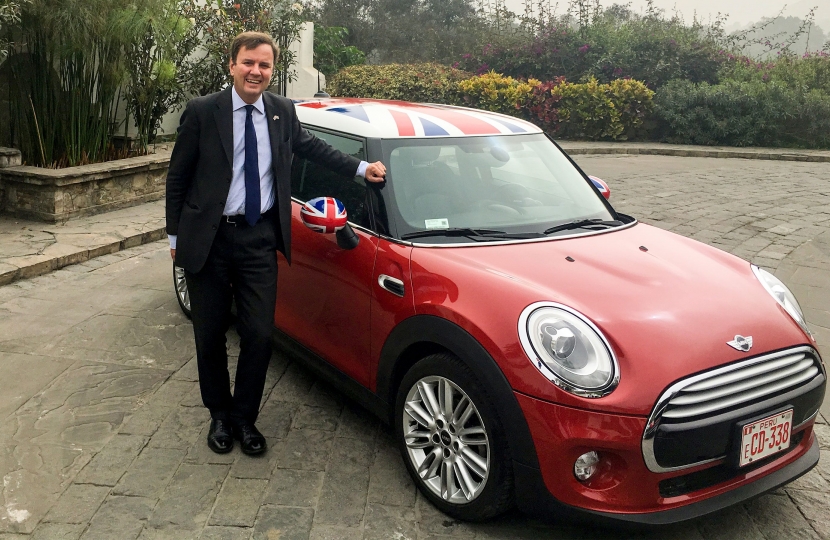 Greg Hands with Union Flag branded Mini in Lima last week, promoting U.K. Exports.