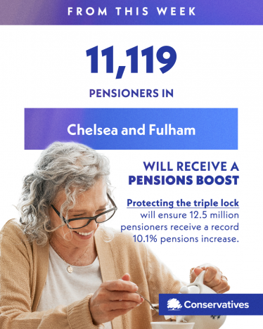 Greg Hands MP welcomes news that 11,119 pensioners in Chelsea & Fulham will benefit from the biggest ever increase in the Basic State Pension this April