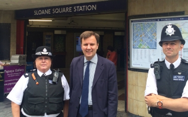 Greg Hands MP at Sloane Square tube station with RBKC Borough Commander Ellie O'